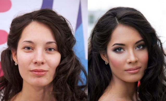 Девушка до и после макияжа